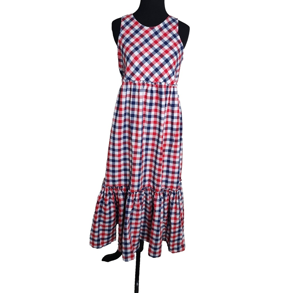 Bonnie Jean Gingham  Sleeveless Midi Dress Red White Blue Size 16 100% Cotton